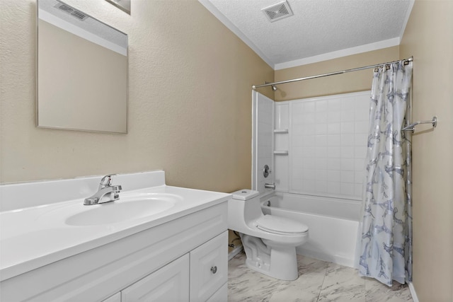 full bathroom featuring vanity, toilet, a textured ceiling, and shower / bath combo with shower curtain