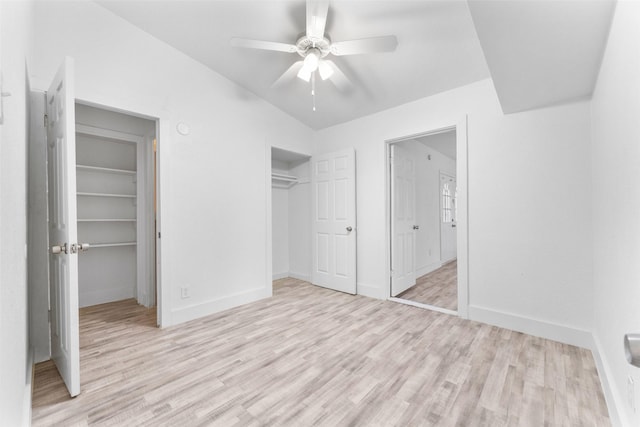 unfurnished bedroom featuring a closet, ceiling fan, and light wood-type flooring