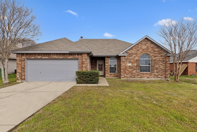 ranch-style house featuring a garage and a front lawn