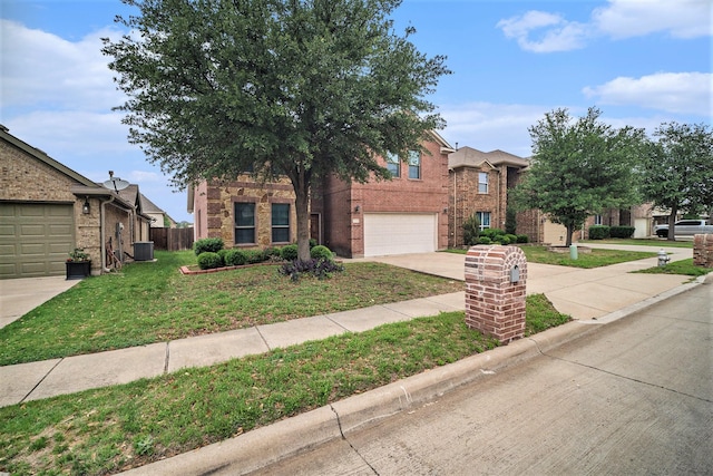 4216 Bridgestone Dr, Fort Worth, TX 76123 - view of front of house featuring concrete driveway, central AC unit, an attached garage, and brick siding