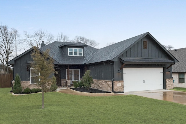 craftsman inspired home featuring a garage and a front lawn