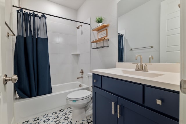 full bathroom featuring vanity, shower / tub combo, and toilet