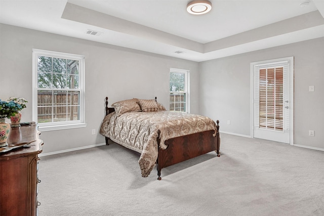 carpeted bedroom with a tray ceiling