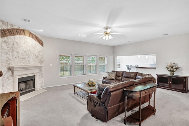 824 Rolling Meadow Dr, Lavon, TX 75166 - carpeted living room with ceiling fan, a premium fireplace, and baseboards