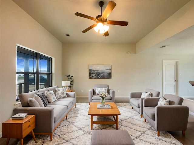 living room featuring ceiling fan