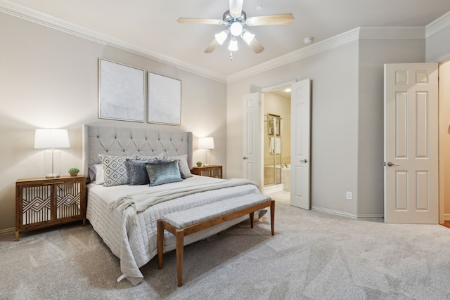 bedroom with ceiling fan, ornamental molding, carpet flooring, and connected bathroom