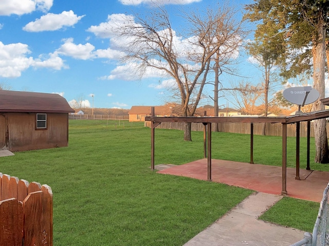 view of yard with a shed and a patio area