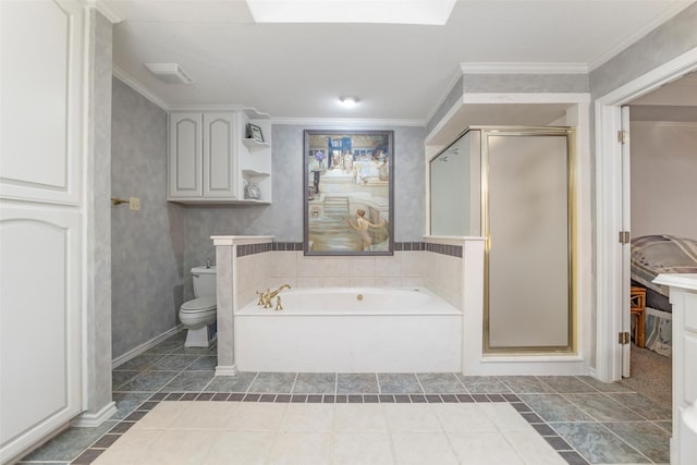 bathroom with crown molding, separate shower and tub, and toilet