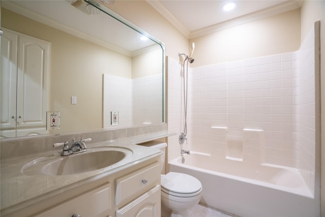 full bathroom with ornamental molding, shower / washtub combination, vanity, and toilet