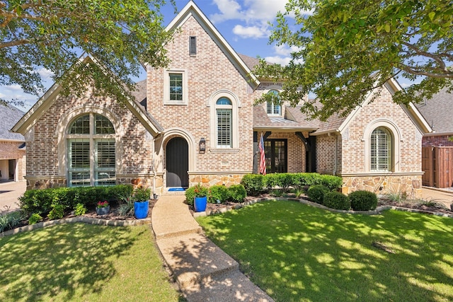 tudor house featuring brick siding, fence, stone siding, roof with shingles, and a front yard