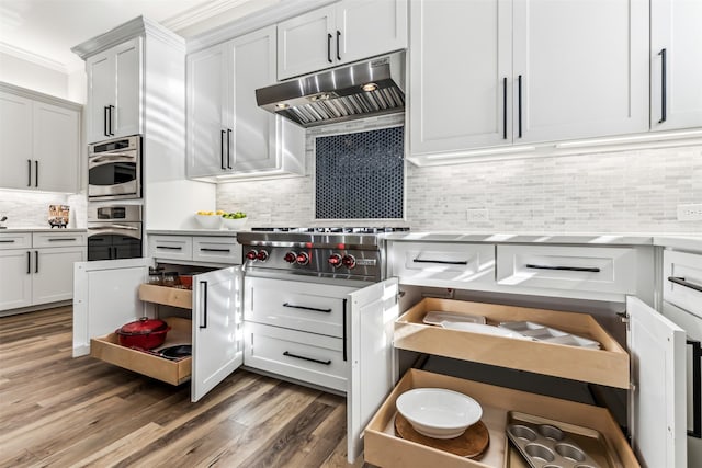 kitchen with tasteful backsplash, light countertops, appliances with stainless steel finishes, wood finished floors, and under cabinet range hood