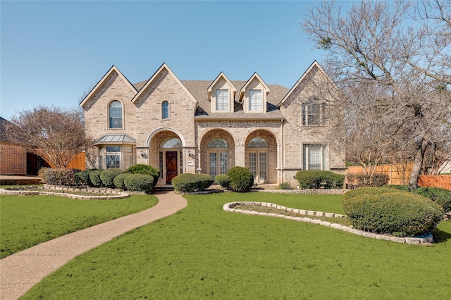 view of front facade featuring brick siding, fence, and a front lawn