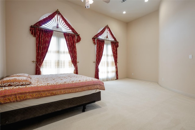 bedroom with recessed lighting, carpet flooring, ceiling fan, and baseboards