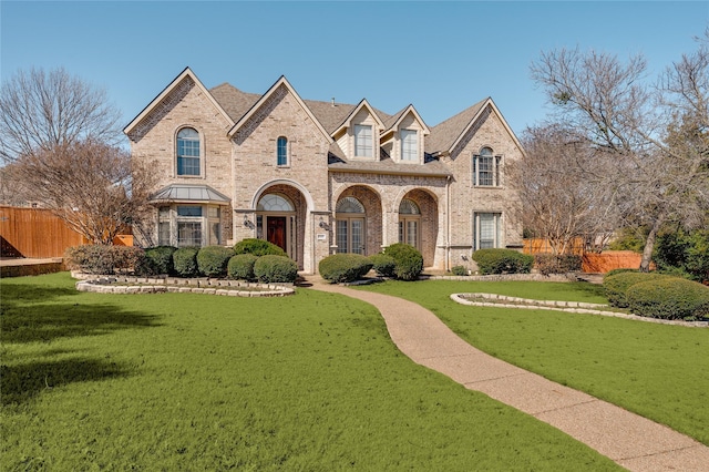 view of front of property featuring fence, a front lawn, and brick siding