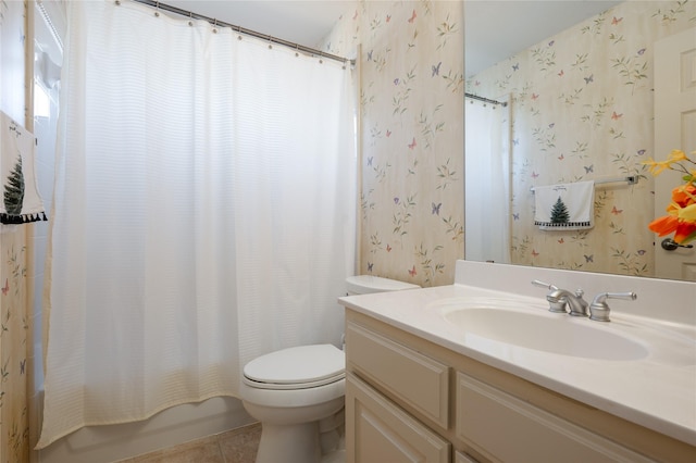 full bath with wallpapered walls, shower / bath combo, toilet, tile patterned floors, and vanity