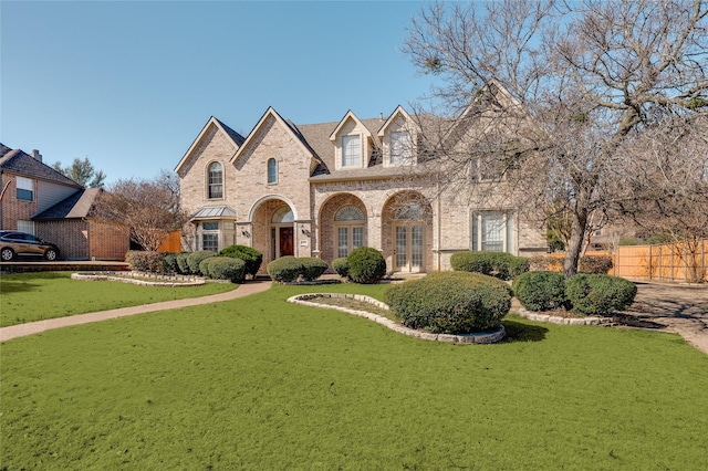 view of front of house featuring brick siding, a front yard, and fence