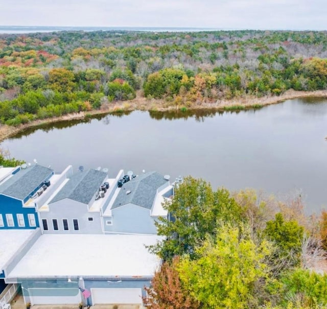 aerial view with a water view and a view of trees