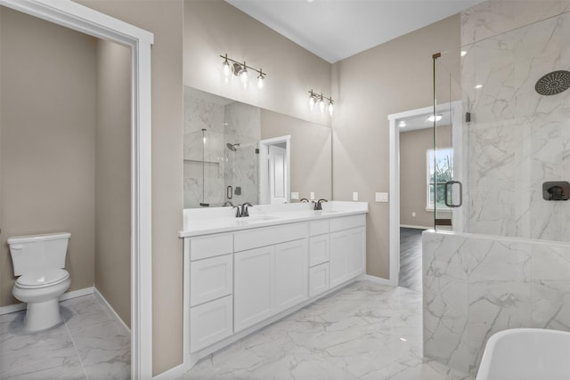 full bathroom featuring vanity, separate shower and tub, and toilet