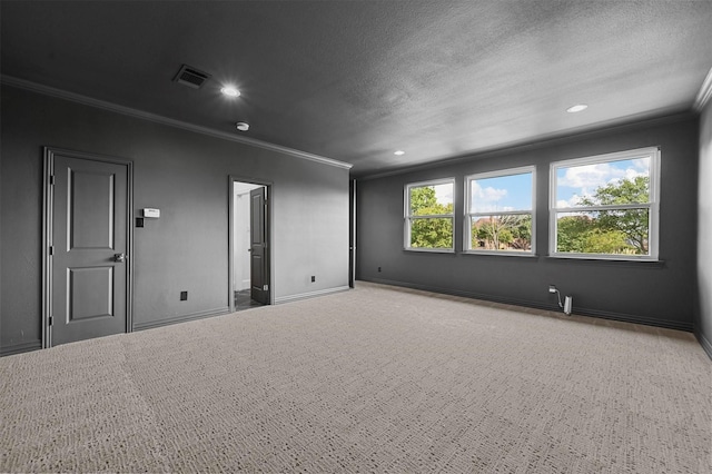 carpeted spare room featuring ornamental molding and a textured ceiling