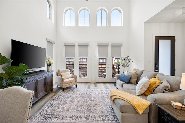 living room featuring a high ceiling and light wood-type flooring