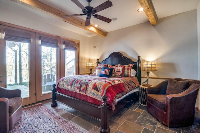 bedroom featuring beamed ceiling and access to exterior