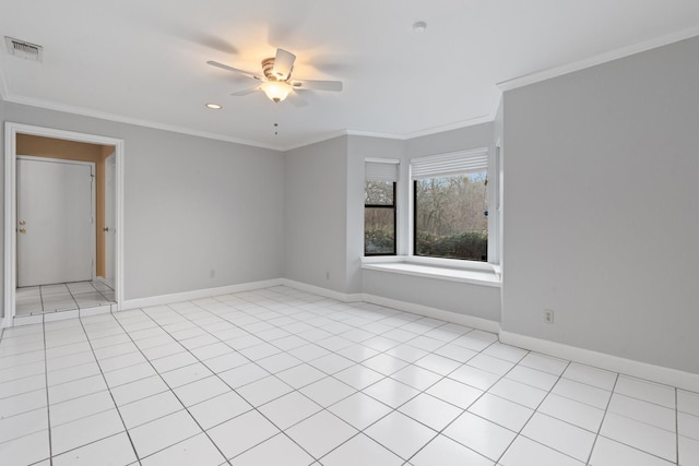 unfurnished room featuring light tile patterned floors, crown molding, and ceiling fan