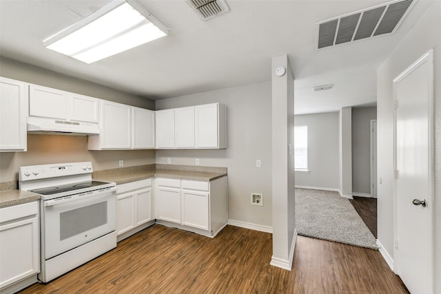 kitchen with white cabinets, dark hardwood / wood-style flooring, and white range with electric cooktop