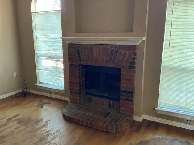 interior details featuring a fireplace and wood-type flooring