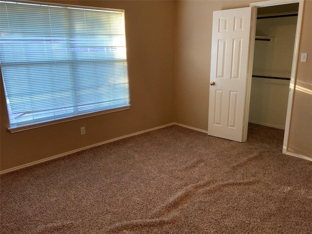 unfurnished bedroom featuring a walk in closet, carpet floors, and a closet