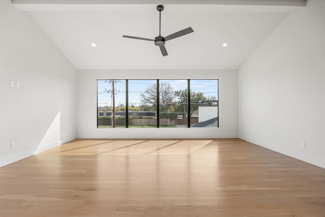 unfurnished room featuring light hardwood / wood-style flooring, high vaulted ceiling, and ceiling fan