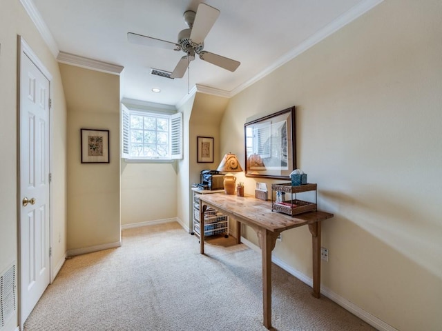 office space featuring light colored carpet, ornamental molding, and ceiling fan