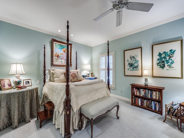 bedroom featuring crown molding, light colored carpet, and ceiling fan