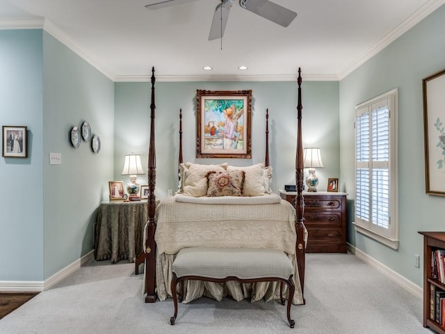 bedroom featuring light carpet, ornamental molding, and ceiling fan