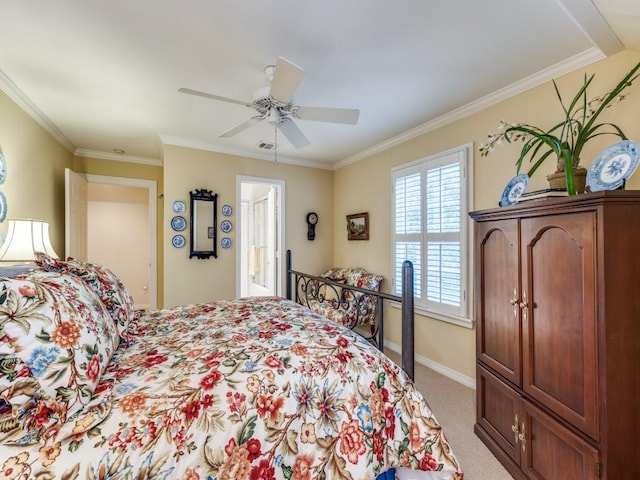 bedroom featuring ceiling fan, ornamental molding, and carpet