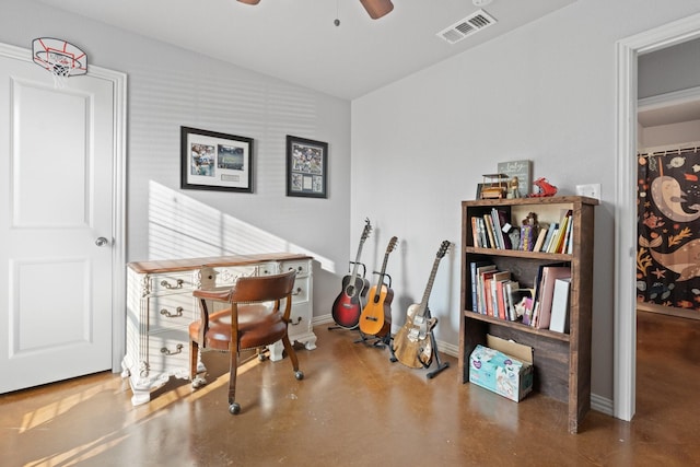 office featuring lofted ceiling, concrete floors, and ceiling fan