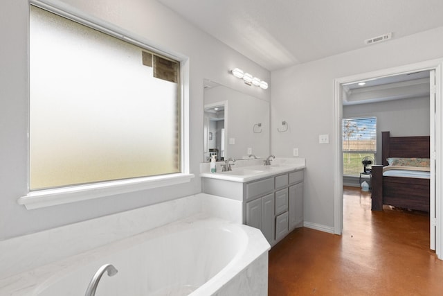 bathroom featuring vanity, concrete flooring, and a bathing tub