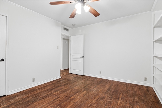 unfurnished bedroom with crown molding, dark wood-type flooring, and ceiling fan