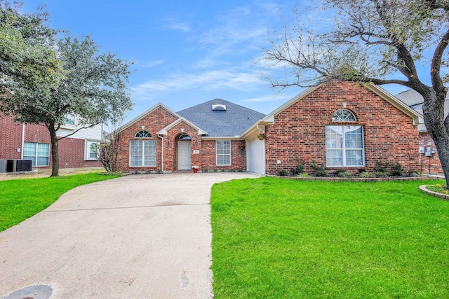 view of front of home featuring concrete driveway, brick siding, a front lawn, and an attached garage