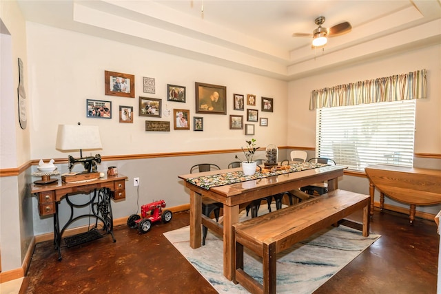 dining area with a tray ceiling and ceiling fan