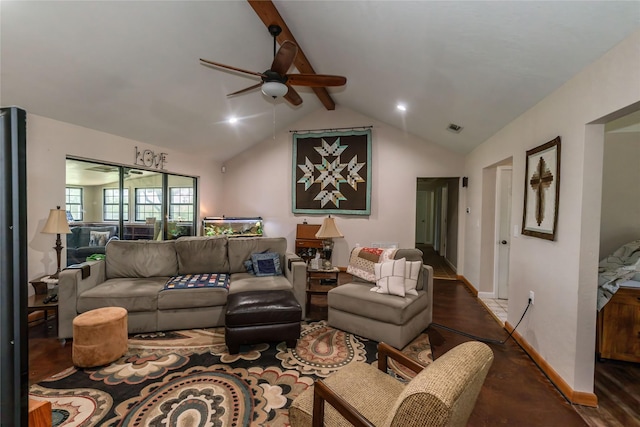 living room with dark hardwood / wood-style flooring, vaulted ceiling with beams, and ceiling fan