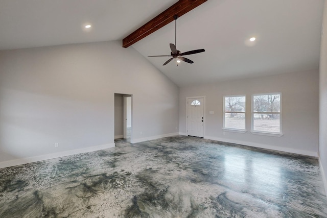 unfurnished living room featuring beamed ceiling, ceiling fan, high vaulted ceiling, and concrete floors