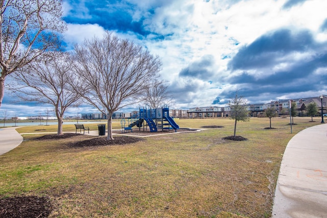 view of jungle gym featuring a yard