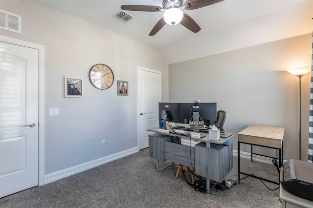 carpeted office space with vaulted ceiling and ceiling fan