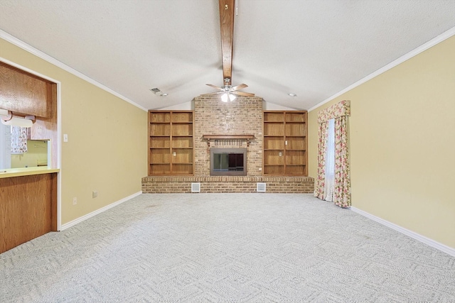 1806 Duck Creek Rd, Sanger, TX 76266 - unfurnished living room with vaulted ceiling with beams, baseboards, built in features, a brick fireplace, and ceiling fan
