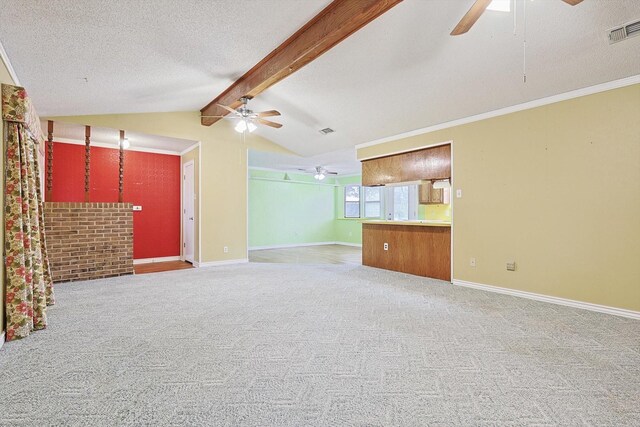 1806 Duck Creek Rd, Sanger, TX 76266 - unfurnished living room featuring carpet flooring, vaulted ceiling with beams, visible vents, and ceiling fan