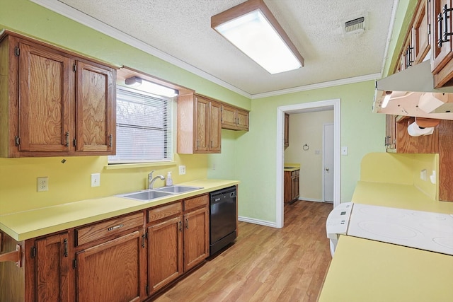 1806 Duck Creek Rd, Sanger, TX 76266 - kitchen featuring a sink, a textured ceiling, light wood-type flooring, crown molding, and dishwasher
