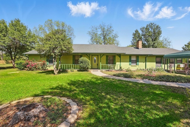 1806 Duck Creek Rd, Sanger, TX 76266 - ranch-style house with a porch, a front lawn, and a chimney