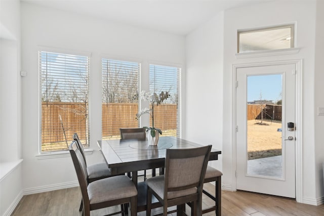 dining room with baseboards, a healthy amount of sunlight, and light wood finished floors