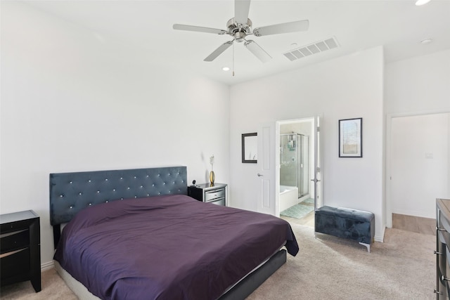 bedroom with visible vents, recessed lighting, ceiling fan, light colored carpet, and connected bathroom