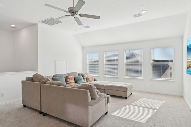 living area featuring light carpet, visible vents, a ceiling fan, and baseboards